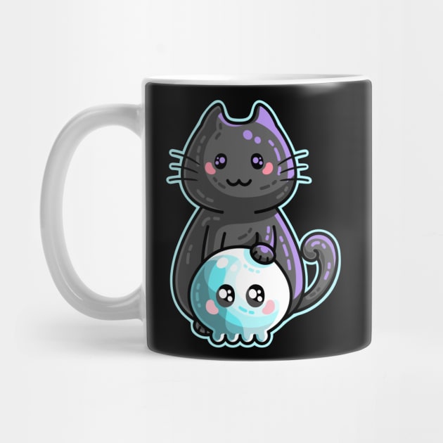 Kawaii Cute Black Cat and Skull by freeves